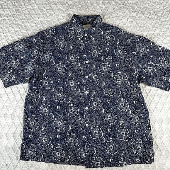 Vintage J.Crew Oarsman Men's L Floral Print Shirt Navy Blue Cotton Short Sleeve - Picture 1 of 6